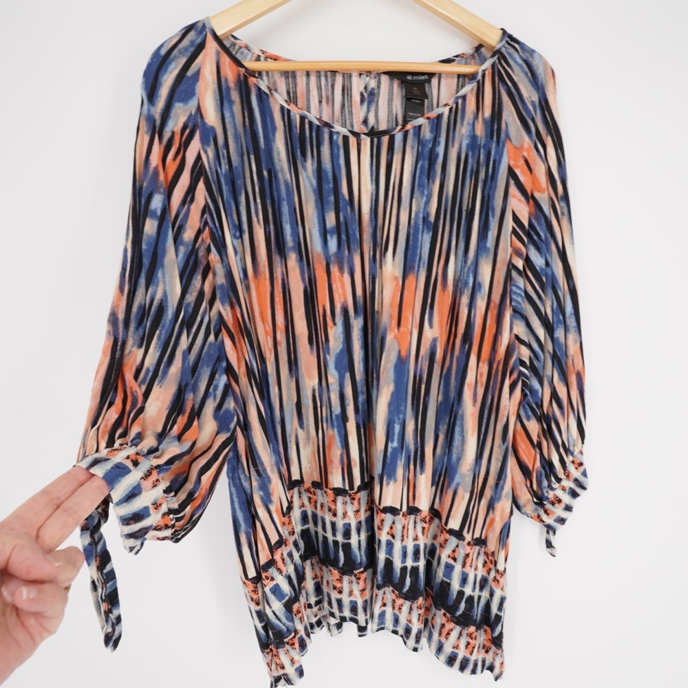 Ali Miles Tunic Top Womens 2X Multicolor Artsy Slit Sleeve Tie Cuff Lightweight